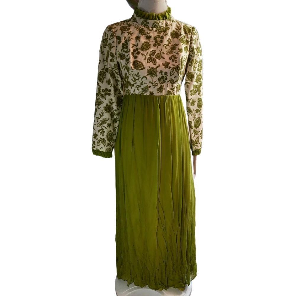 VINTAGE UNBRANDED 60'S/70'S CHIFFON/BROCADE MAXI DRESS SIZE 12